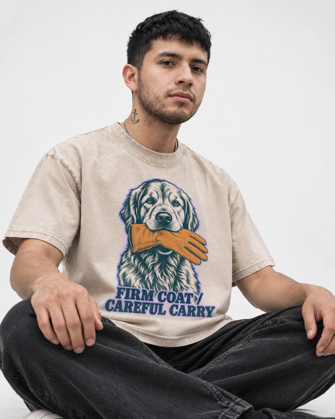 Golden Retriever Firm Coat Careful Carry Washed Tee in Apricot, worn by a seated model