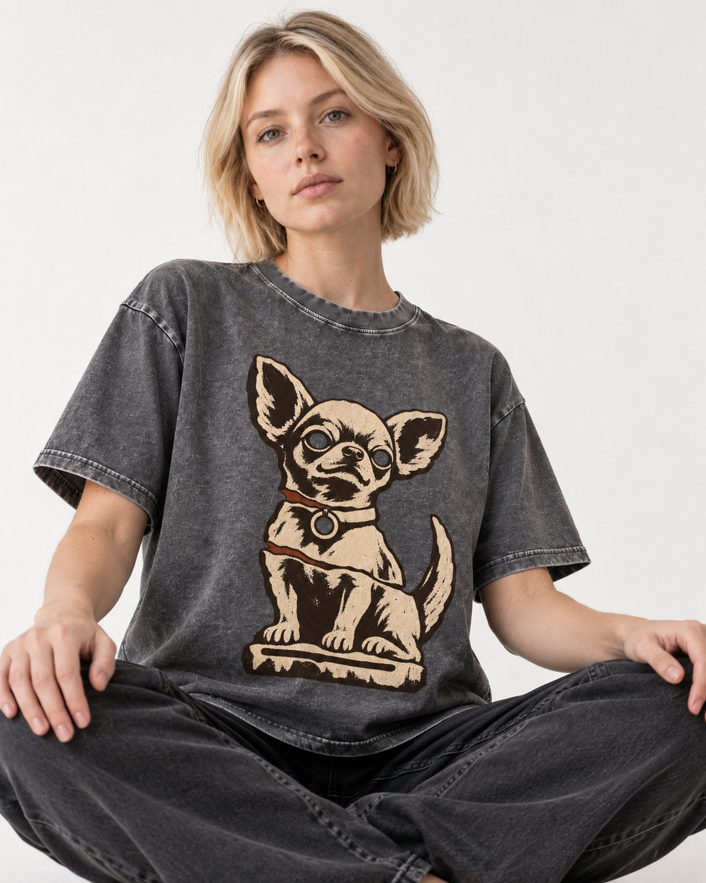 Chihuahua's Eternal Vigil Washed Tee in Gray, worn by a seated model