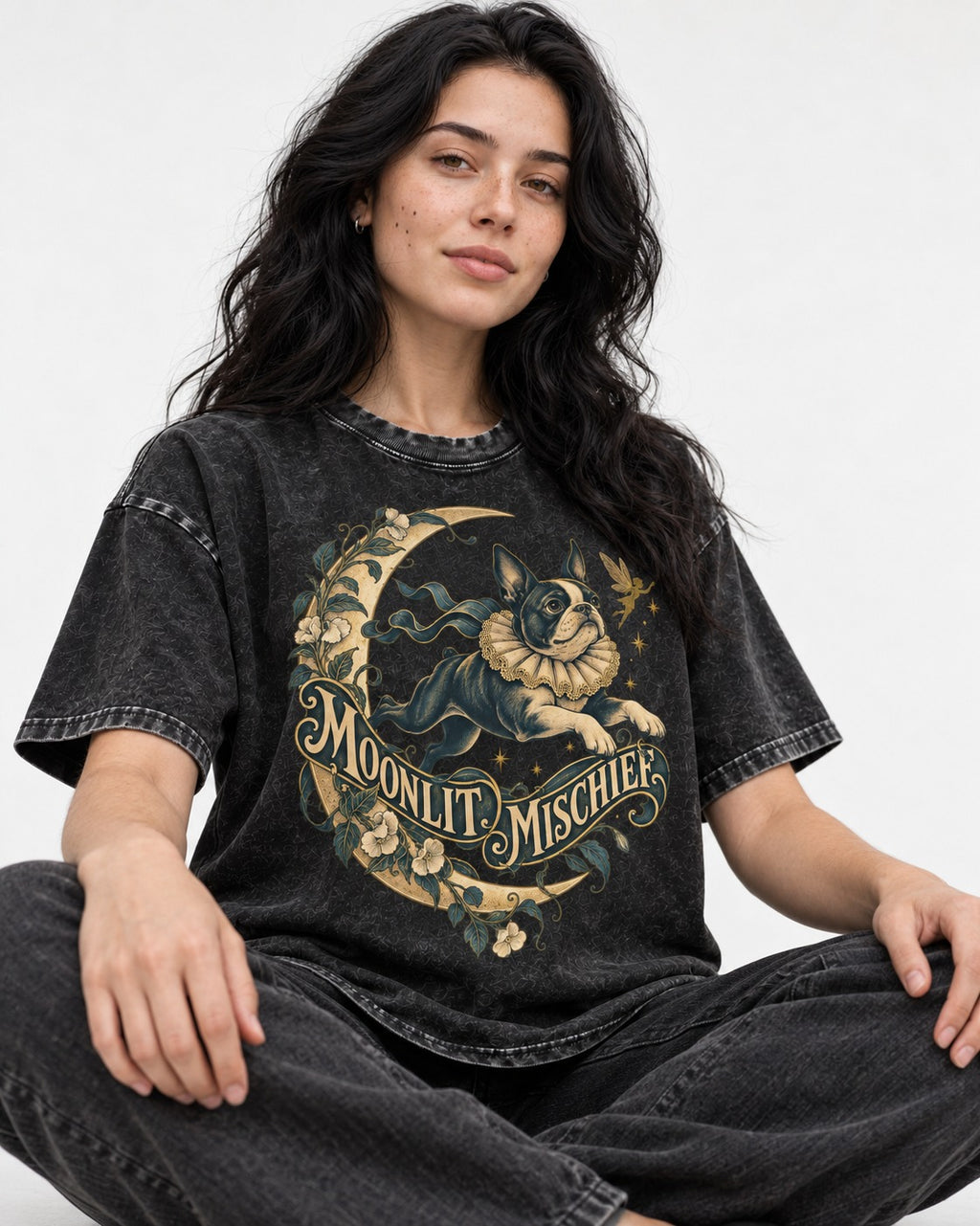 Boston Terrier Moonlit Mischief Washed Tee in Black, worn by a seated model