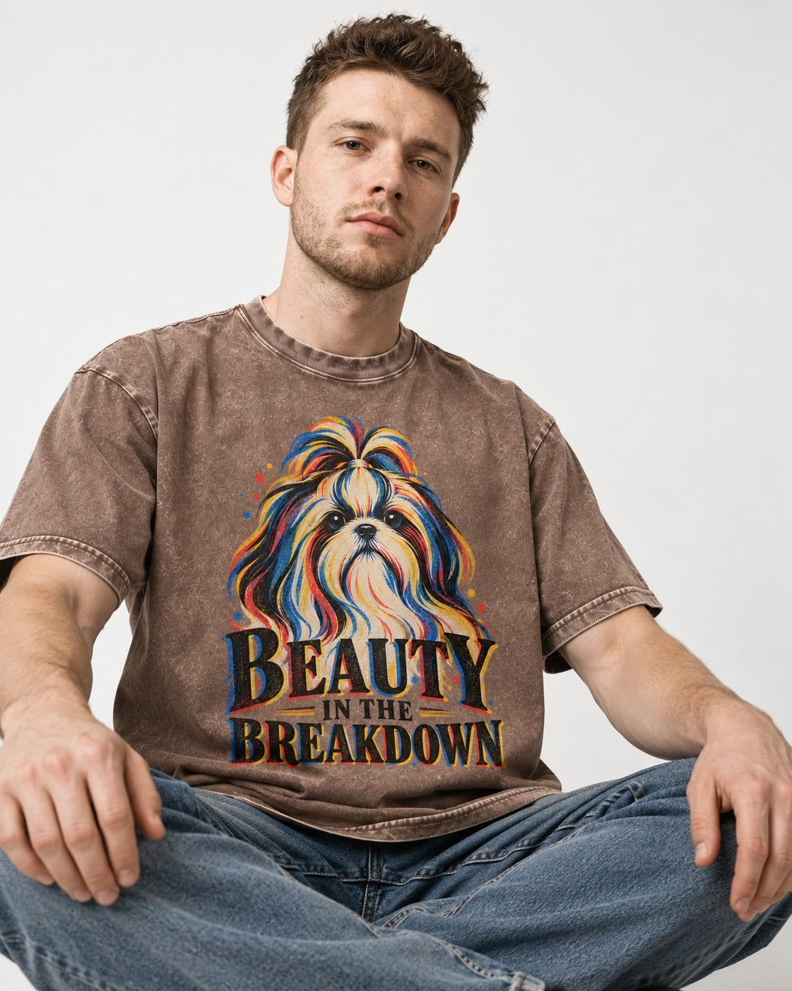 Shih Tzu Beauty in the Breakdown Washed Tee in Coffee, worn by a seated model