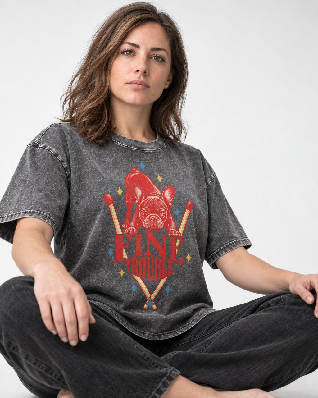 Fine Trouble Boston Terrier Matchstick Graphic Washed Tee in Gray, worn by a seated model