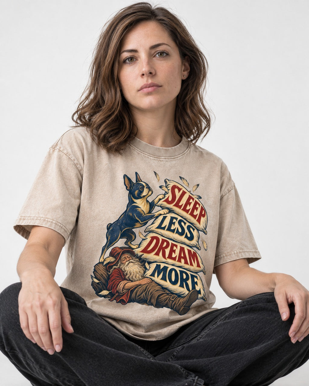 Boston Terrier Sleep Less Dream More Washed Tee in Apricot, worn by a seated model