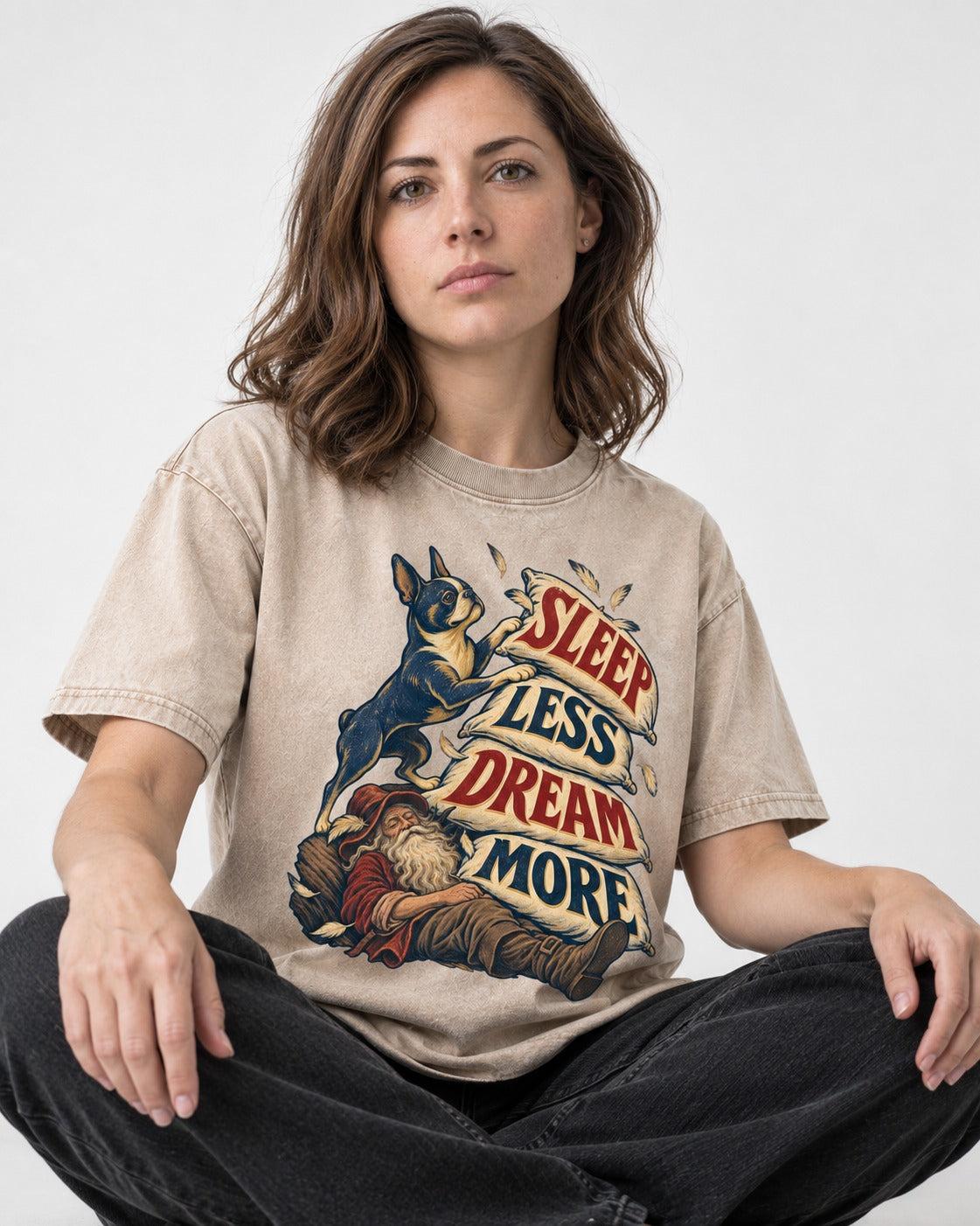 Boston Terrier Sleep Less Dream More Washed Tee in Apricot, worn by a seated model