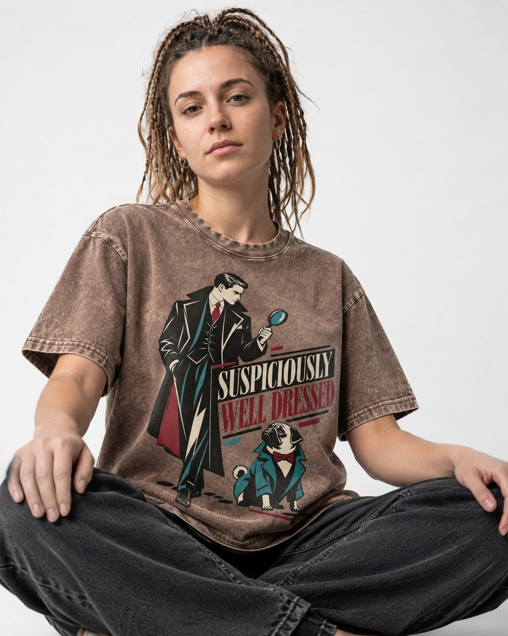 Suspiciously Well Dressed Pug Washed Tee in Coffee, worn by a seated model