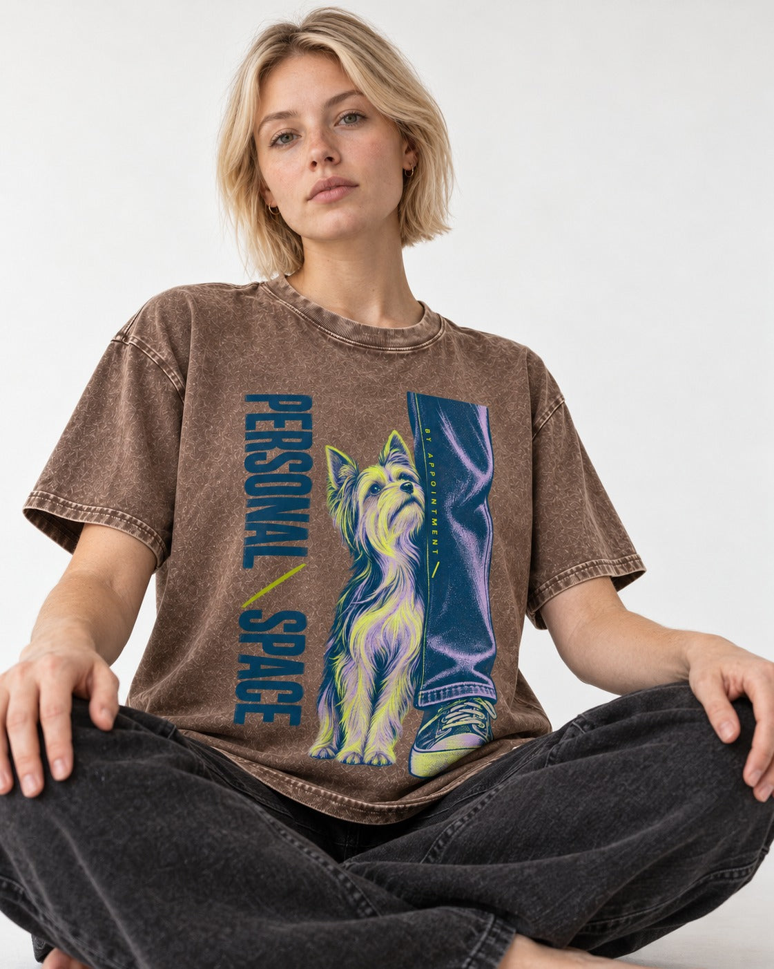 Yorkshire Terrier Personal Space by Appointment Washed Tee in Coffee, worn by a seated model