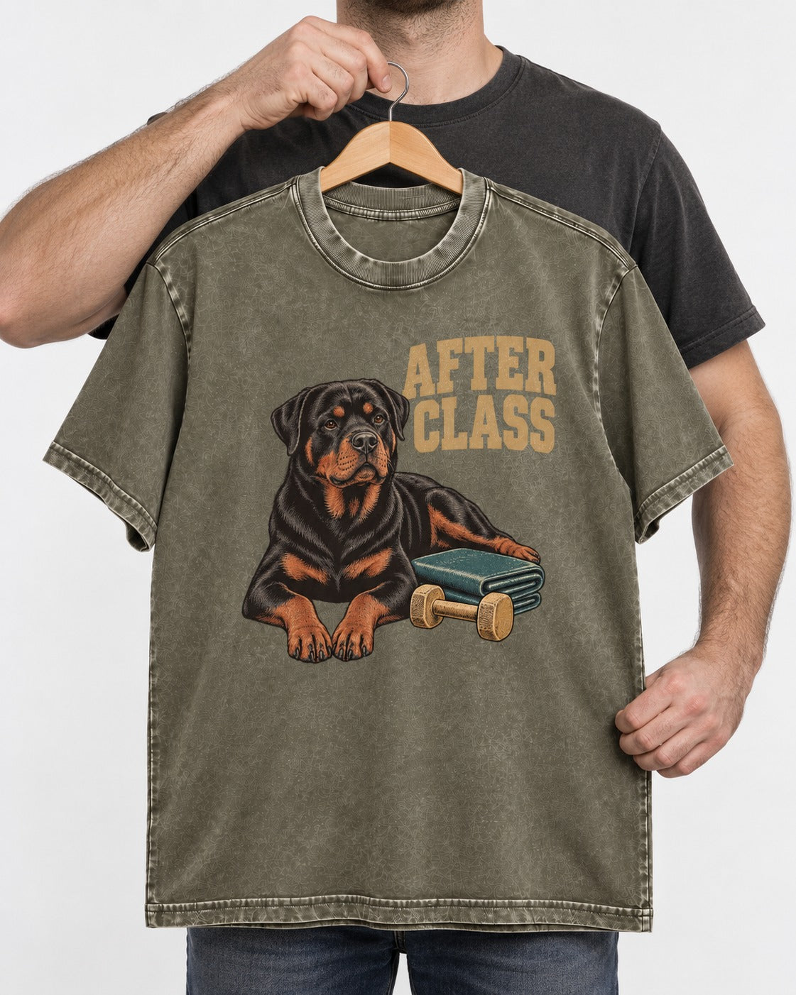 Rottweiler After Class Books and Dumbbell Graphic Washed Tee in Army Green, held up on a hanger