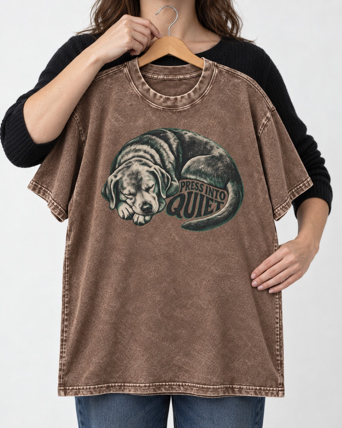 Labrador Retriever Press Into Quiet Washed Tee in Coffee, held up on a hanger