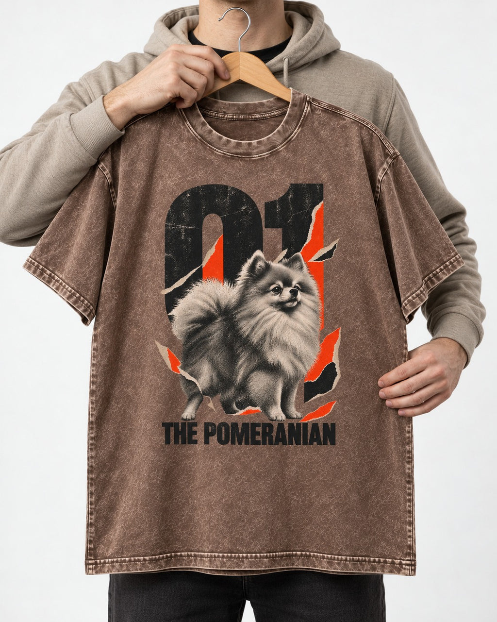 The Pomeranian Washed Tee in Coffee, held up on a hanger
