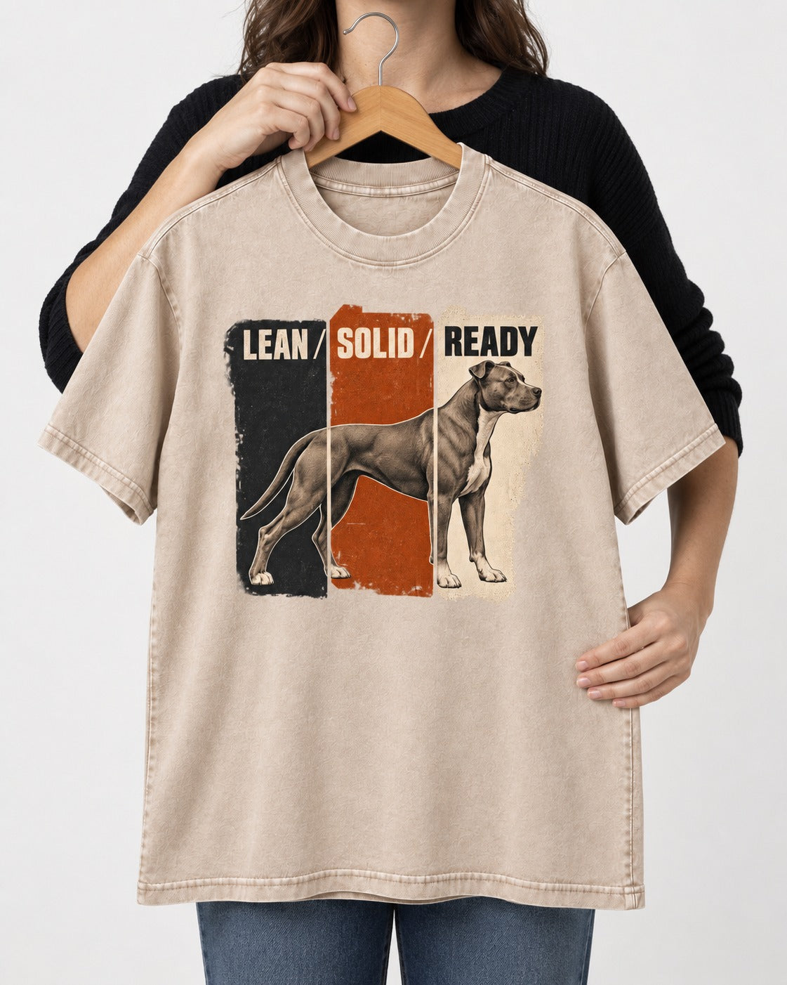 Pitbull Lean Solid Ready Triptych Graphic Washed Tee in Apricot, held up on a hanger