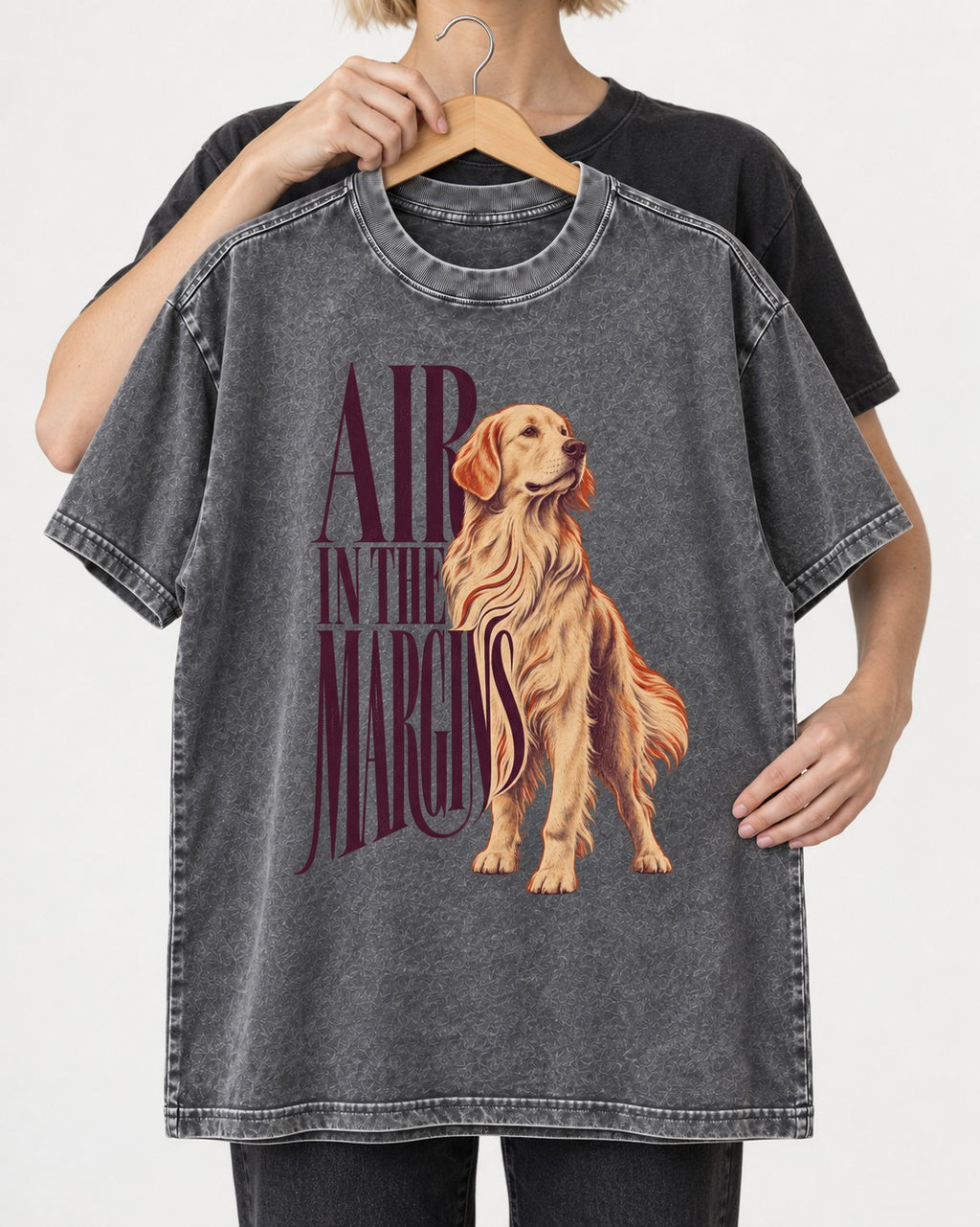Golden Retriever In the Margins Washed Tee in Gray, held up on a hanger