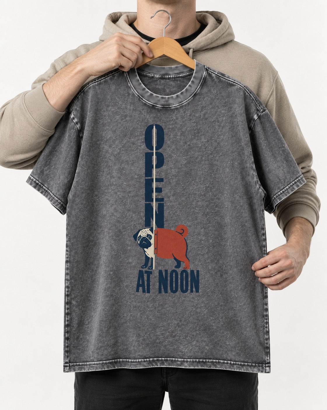 Pug Open at Noon Washed Tee in Gray, held up on a hanger