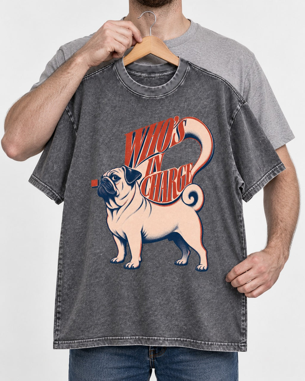 Pug In Charge Washed Tee in Gray, held up on a hanger