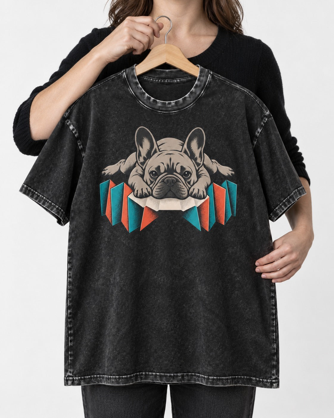 Frenchie Sploot Press Graphic Washed Tee in Black, held up on a hanger