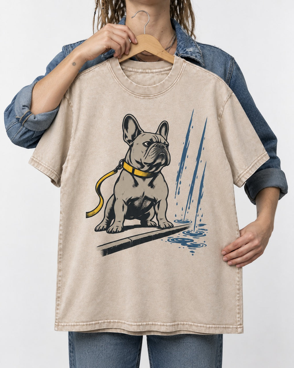 Frenchie Has Standards Washed Tee in Apricot, held up on a hanger