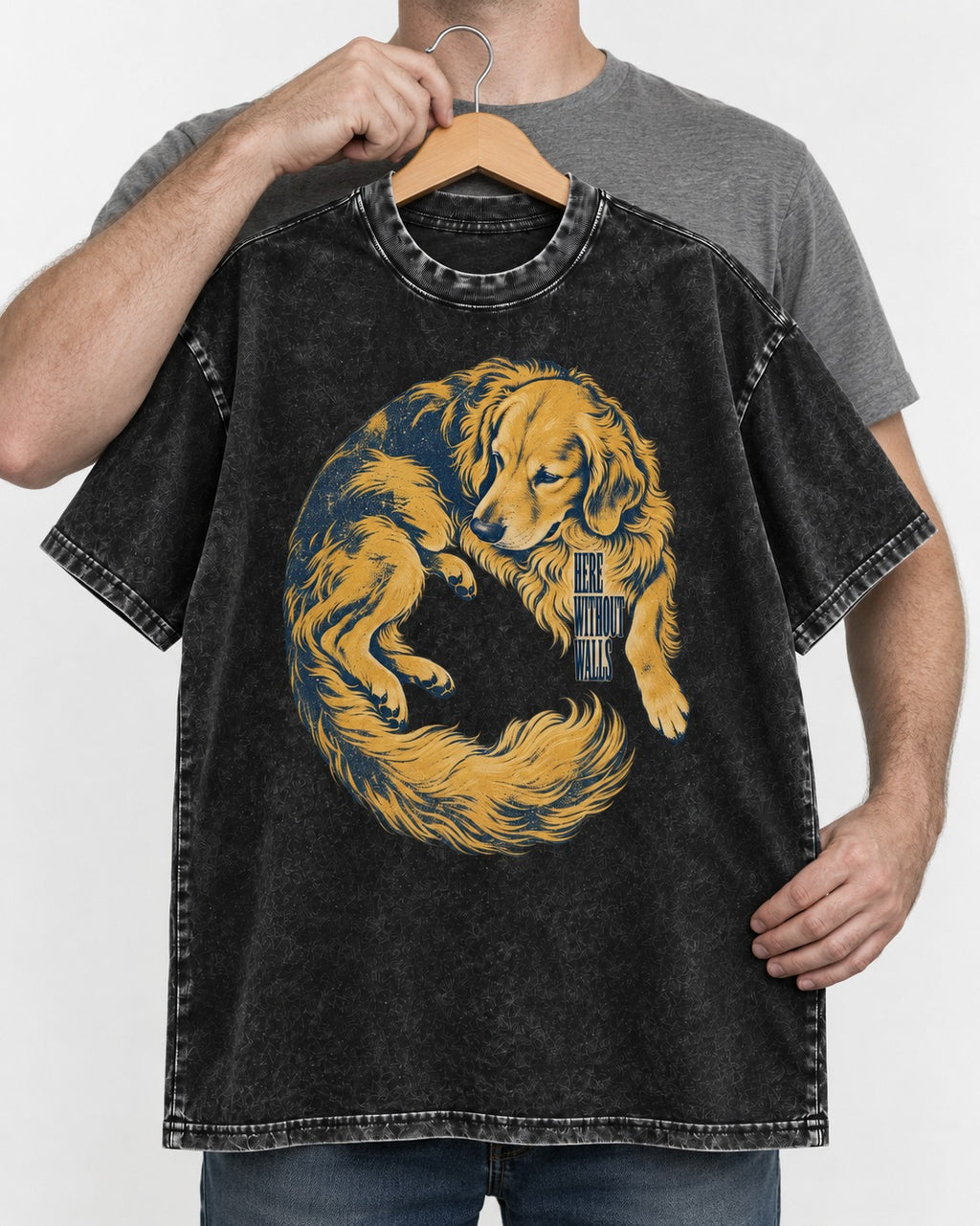 Golden Retriever Here Without Walls Curled Portrait Graphic Washed Tee in Black, held up on a hanger