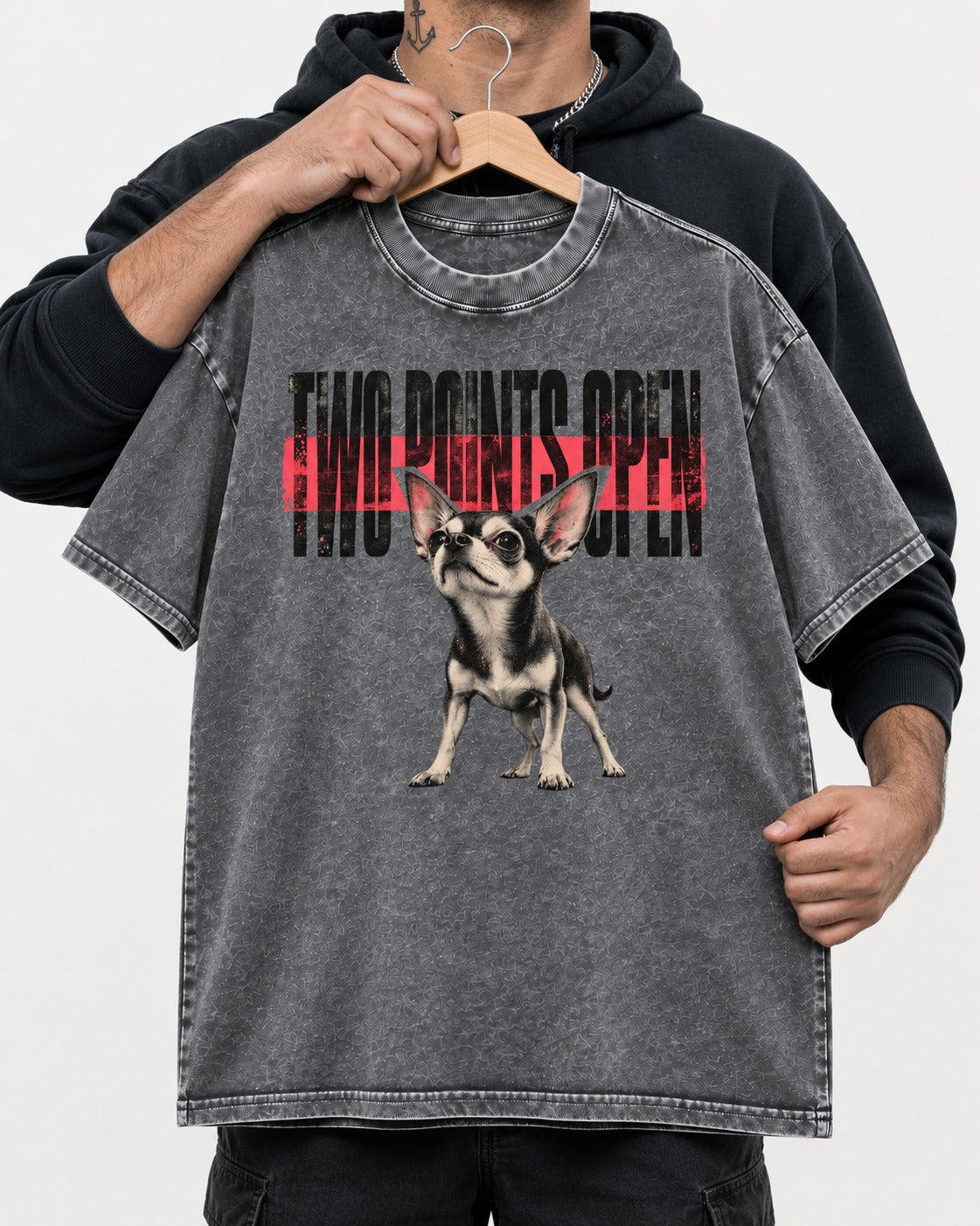 Two Points Open Chihuahua Washed Tee in Gray, held up on a hanger