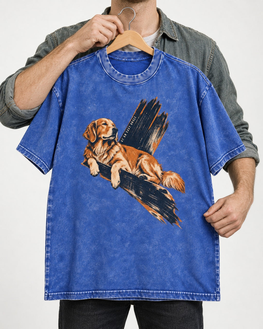Golden Retriever At an Easy Angle Brushstroke Lounge Graphic Washed Tee in Royal Blue, held up on a hanger