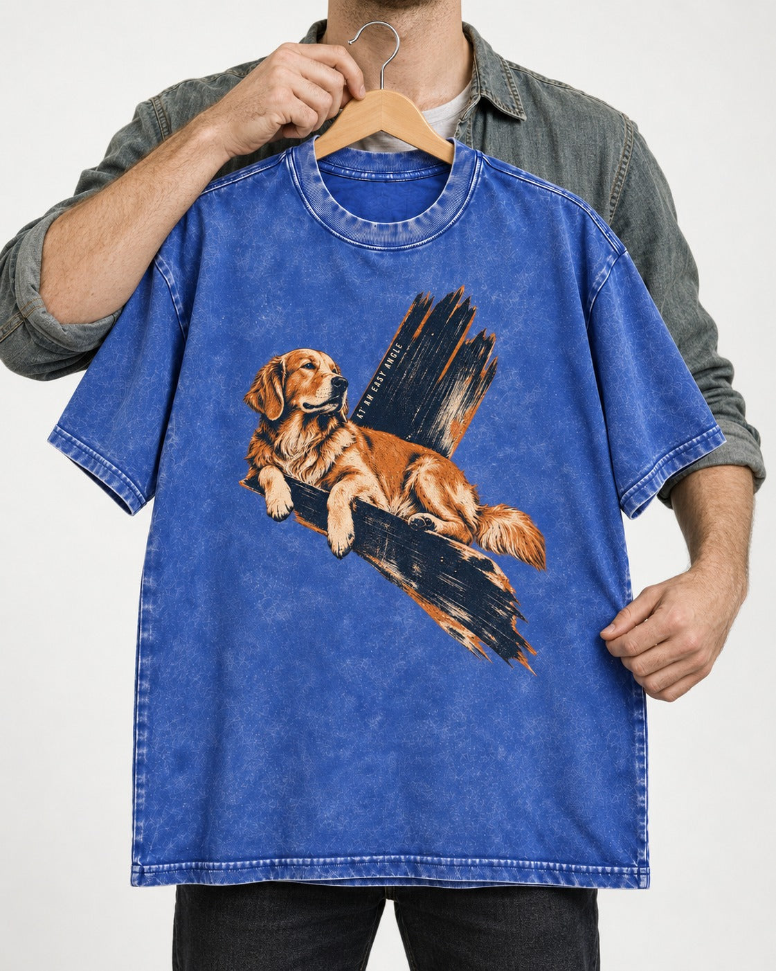Golden Retriever At an Easy Angle Brushstroke Lounge Graphic Washed Tee in Royal Blue, held up on a hanger