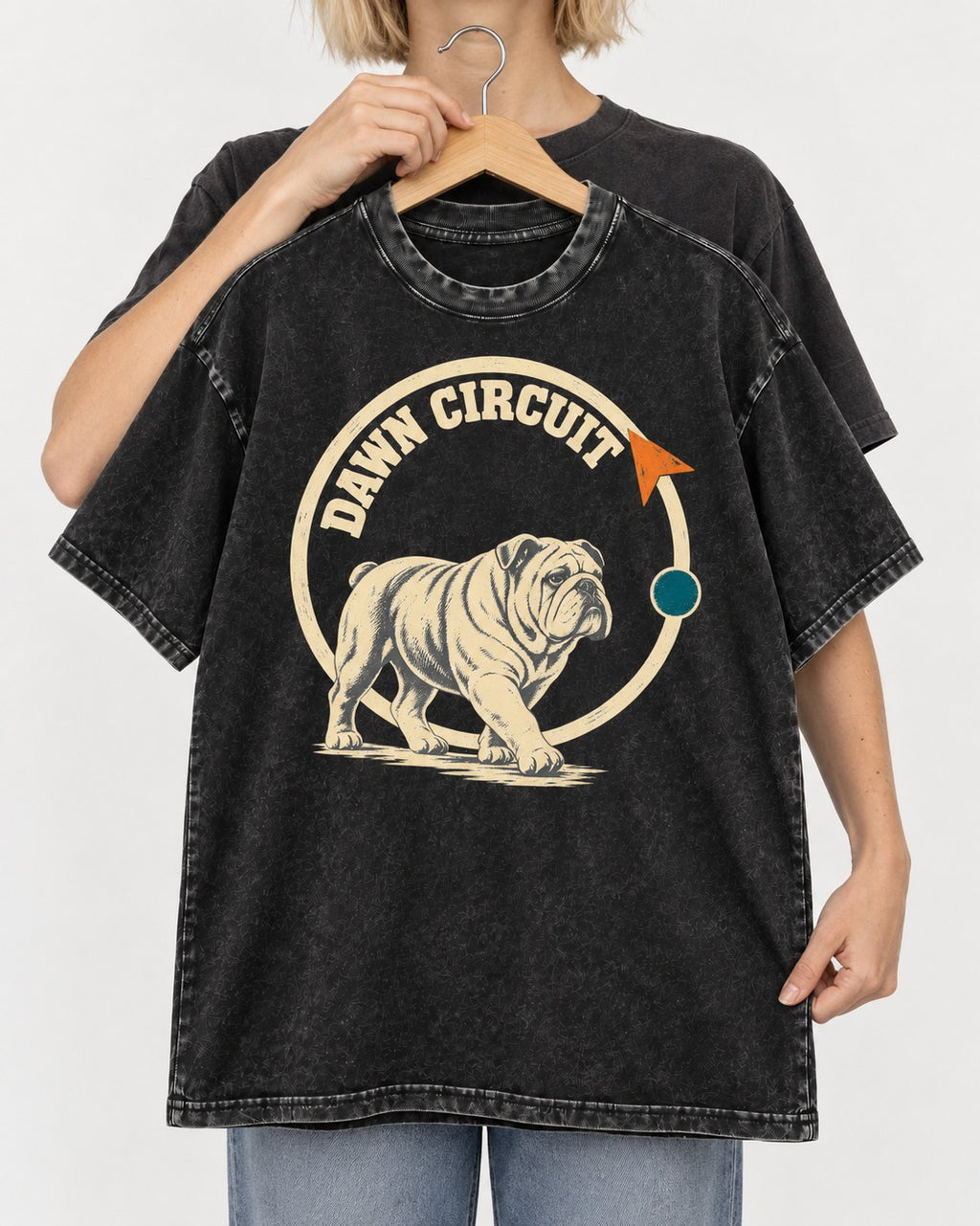 English Bulldog Dawn Circuit Emblem Washed Tee in Black, held up on a hanger