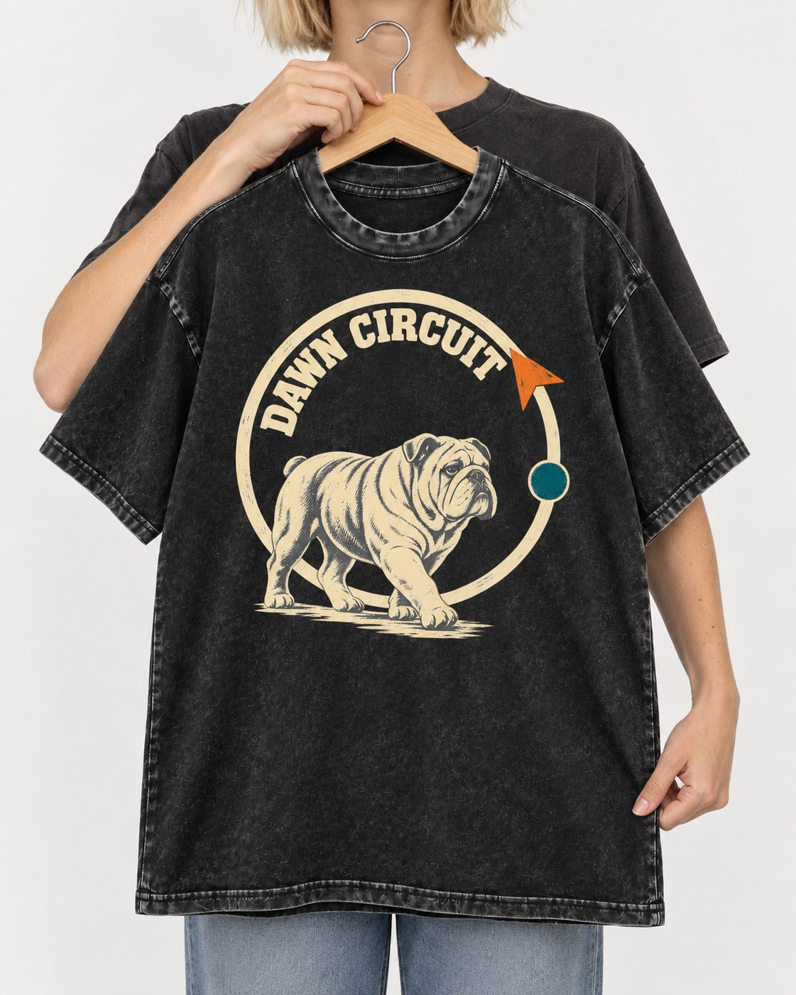 English Bulldog Dawn Circuit Emblem Washed Tee in Black, held up on a hanger