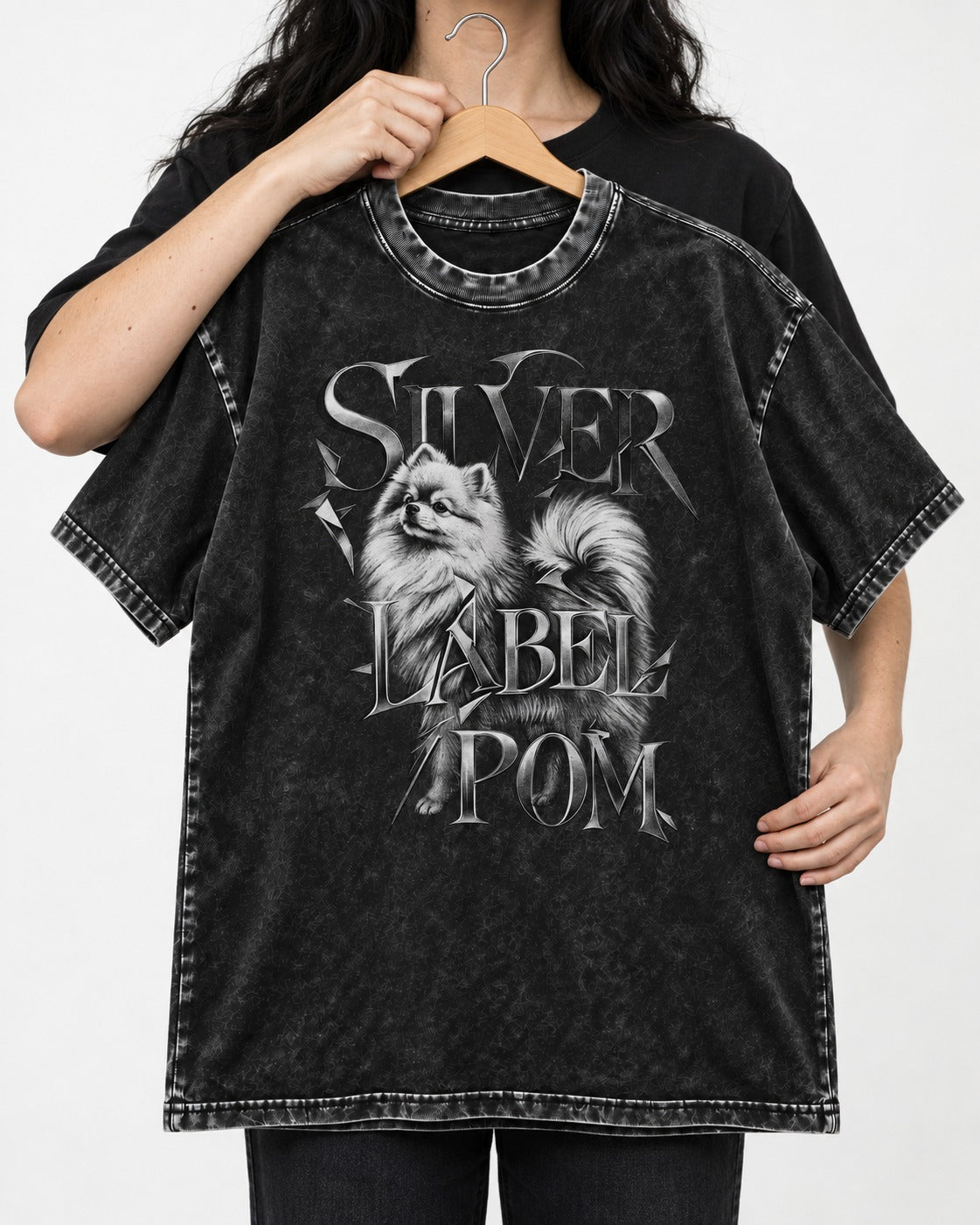 Pomeranian Silver Label Metallic Typography Graphic Washed Tee in Black, held up on a hanger