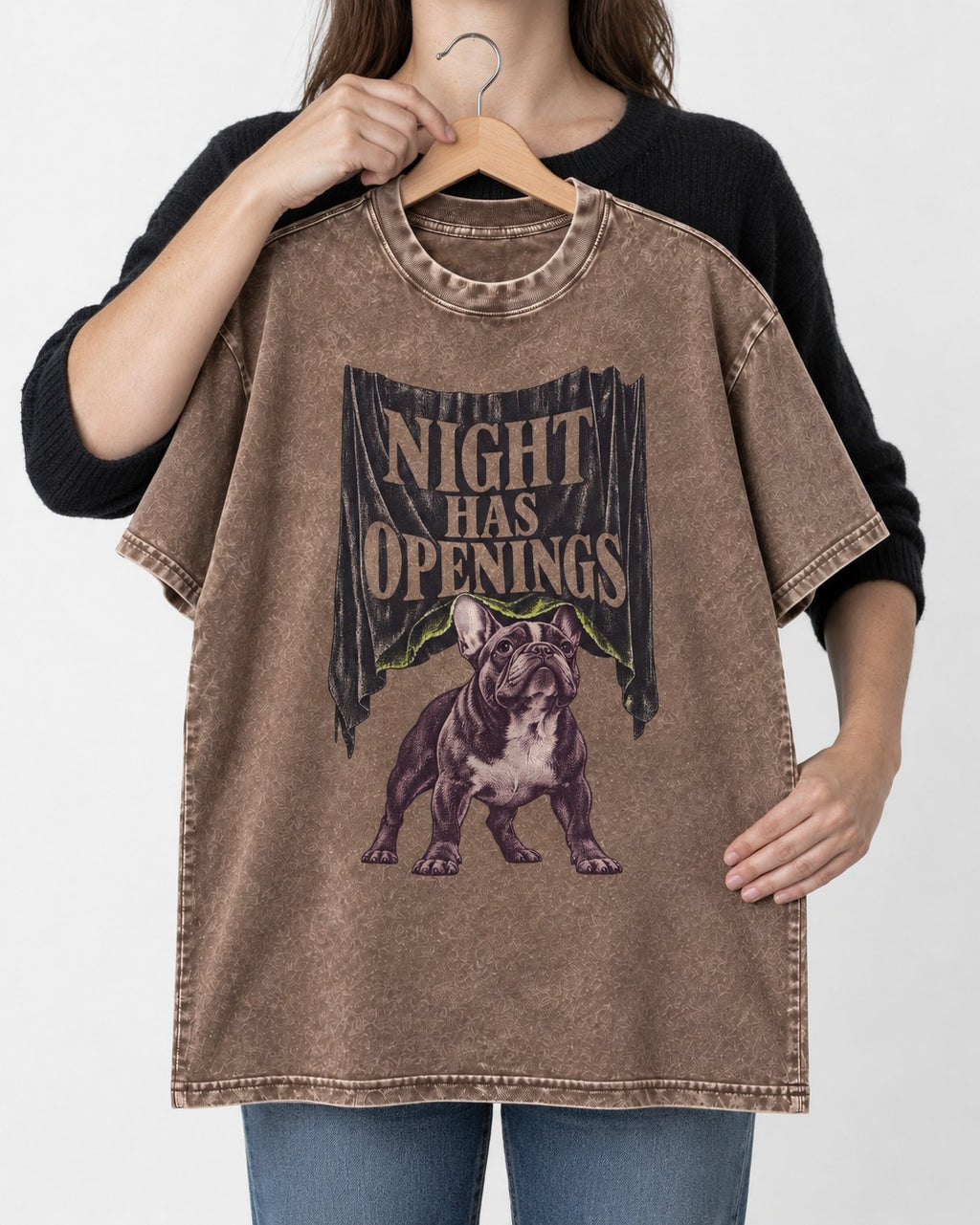 Night Has Openings Frenchie Washed Tee in Coffee, held up on a hanger
