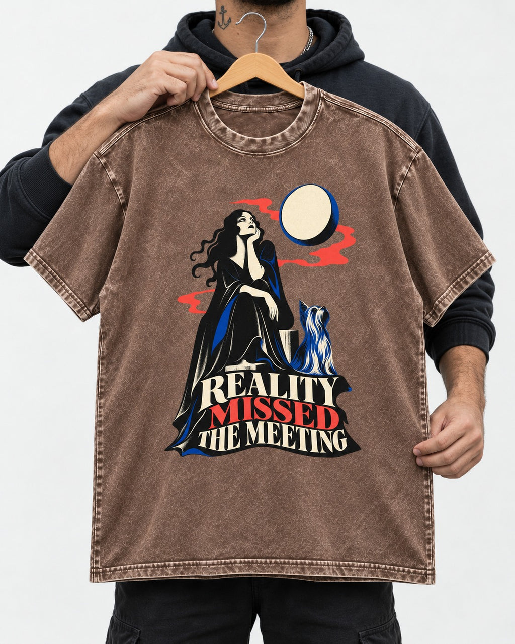 Yorkshire Terrier Reality Missed the Meeting Washed Tee in Coffee, held up on a hanger