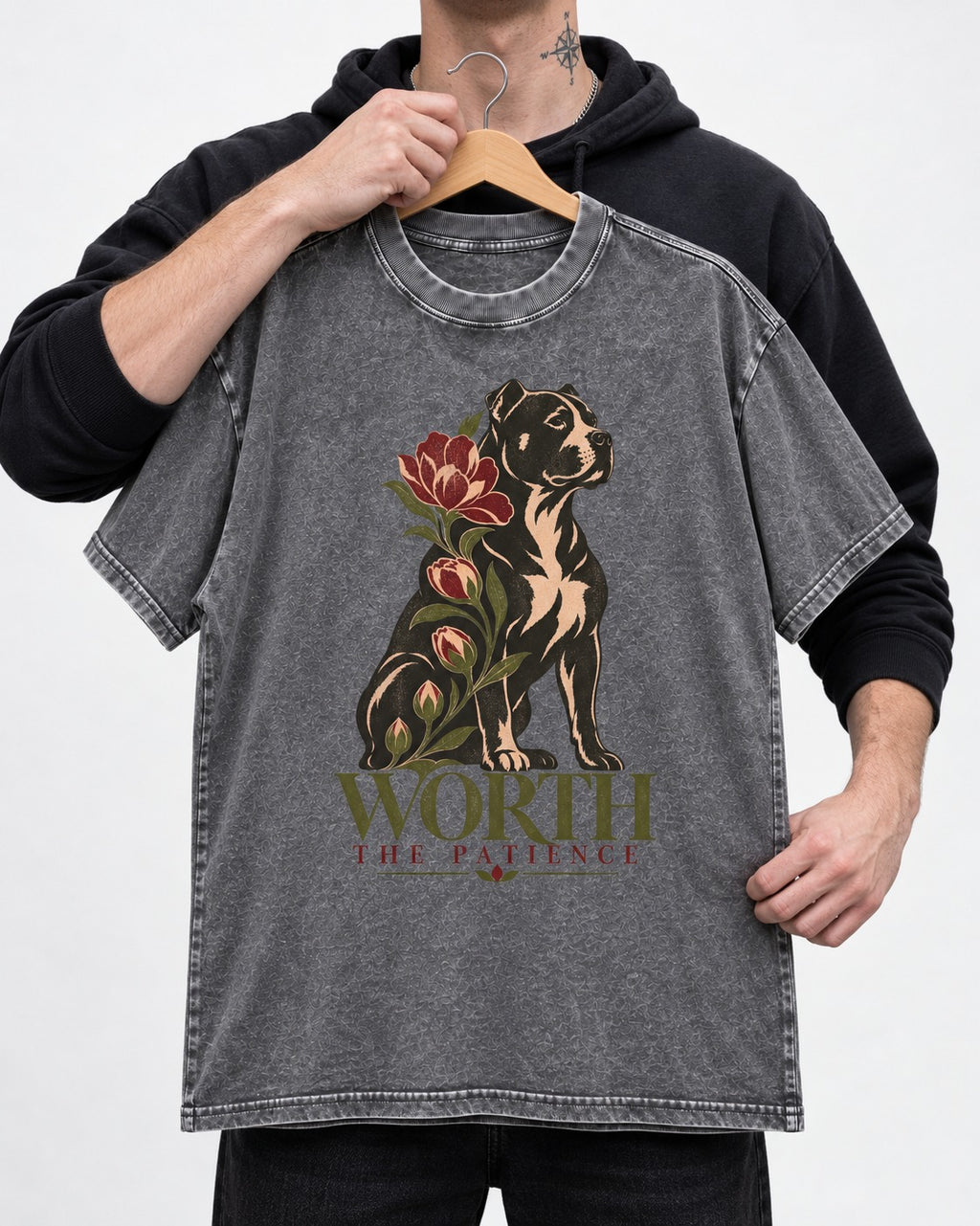 Pitbull Worth the Patience Washed Tee in Gray, held up on a hanger