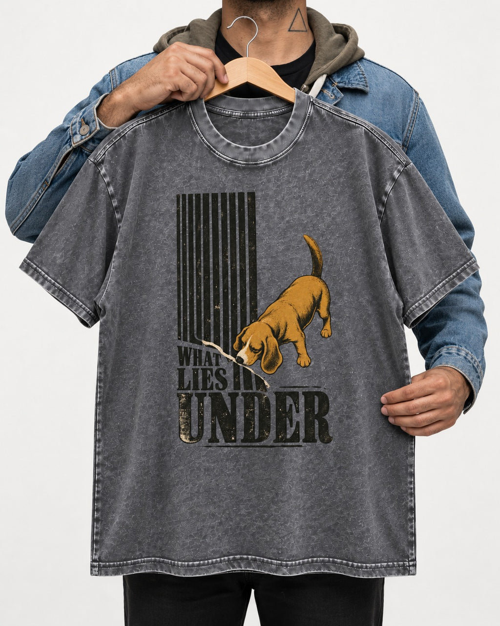 Beagle Knows What Lies Under Washed Tee in Gray, held up on a hanger