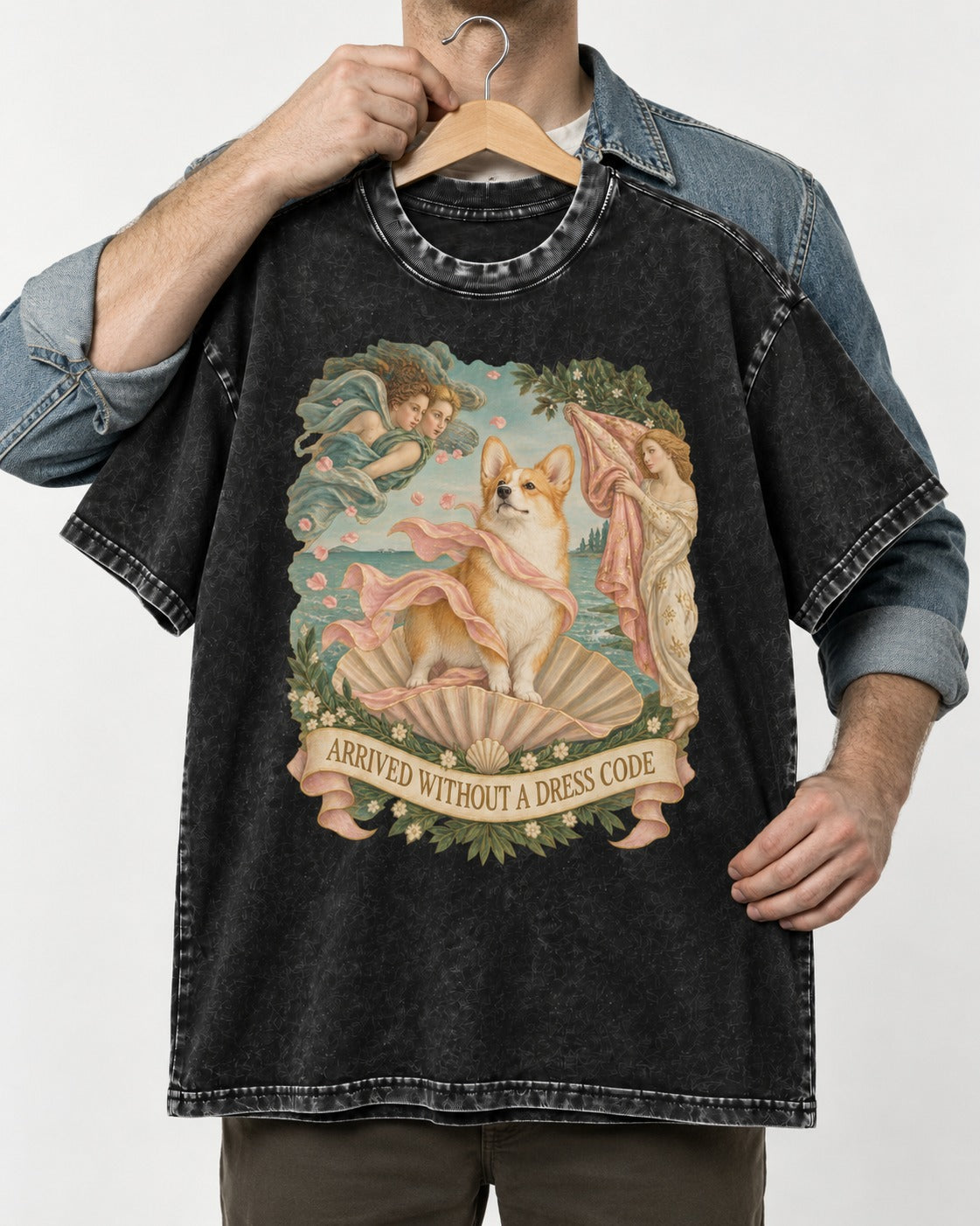 Corgi Arrived Without a Dress Code Birth of Venus Washed Tee in Black, held up on a hanger