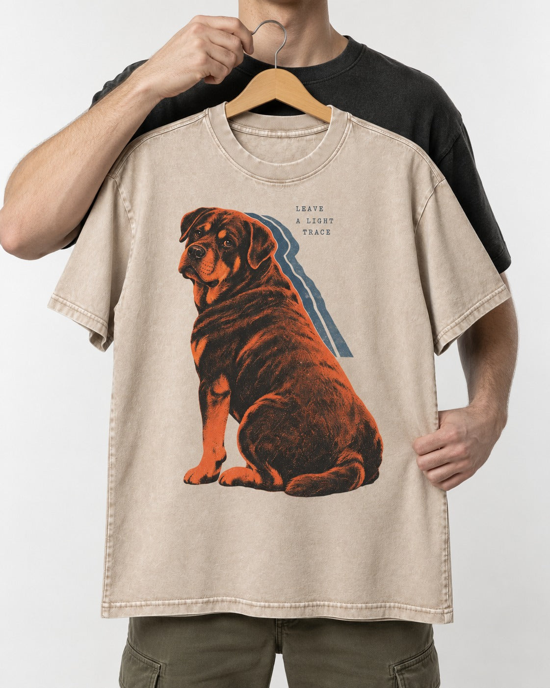 Rottweiler Leave a Light Trace Washed Tee in Apricot, held up on a hanger