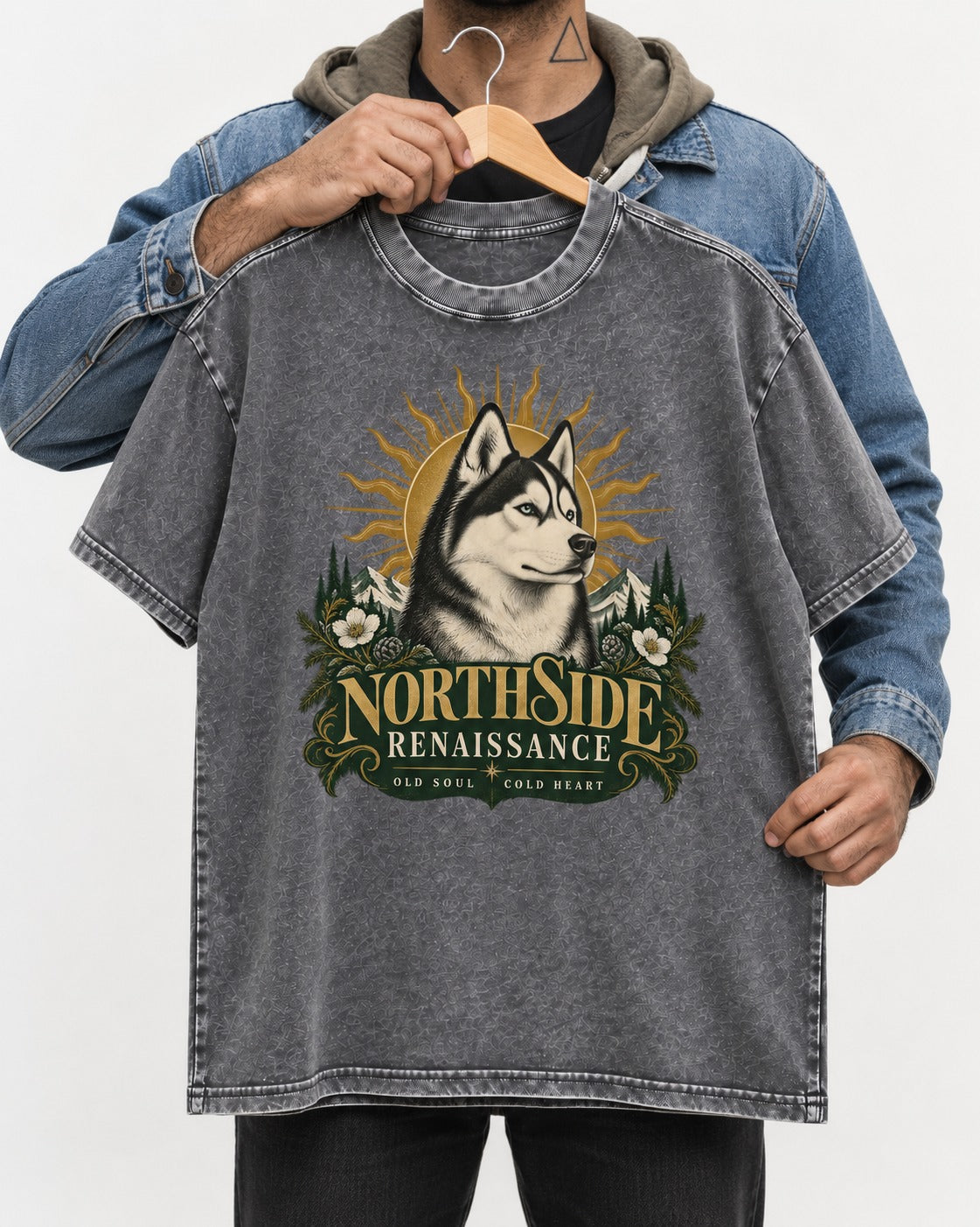 Northside Renaissance Husky Washed Tee in Gray, held up on a hanger