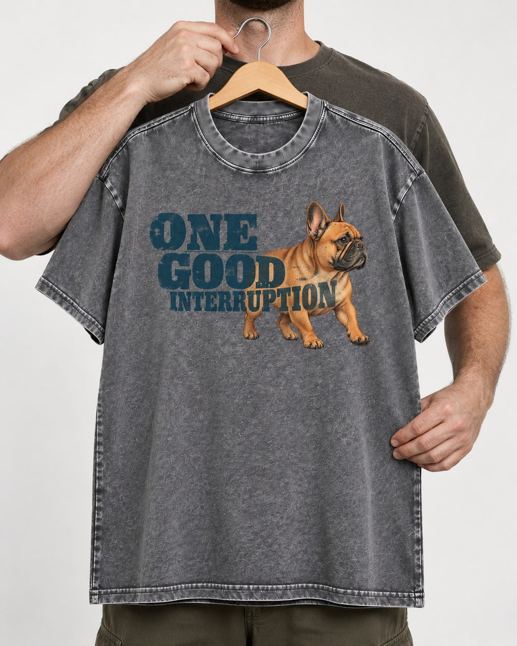 One Good Frenchie Interruption Washed Tee in Gray, held up on a hanger