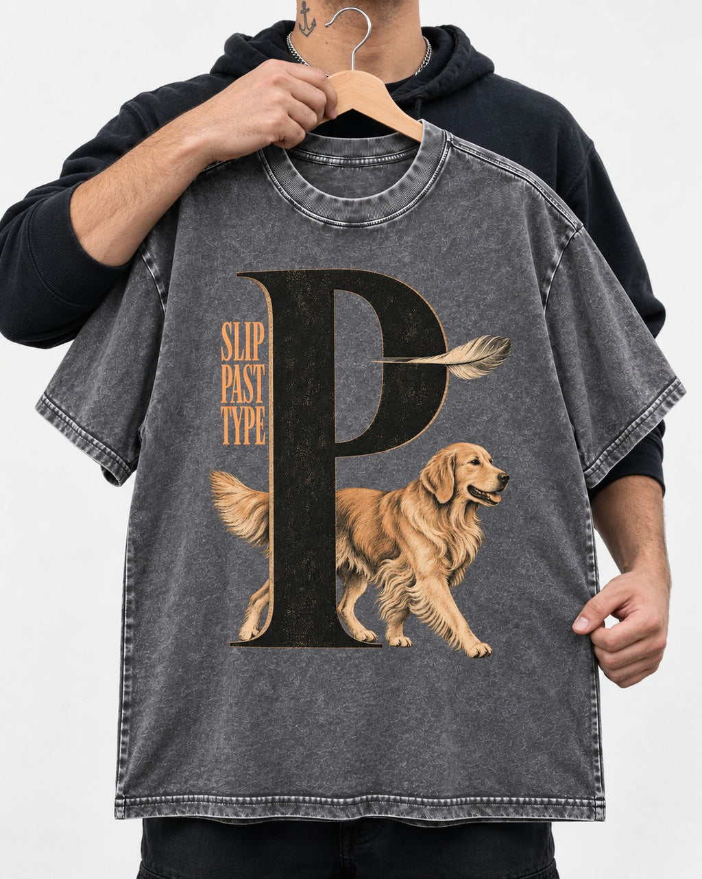 Golden Retriever Slip Past Type Washed Tee in Gray, held up on a hanger
