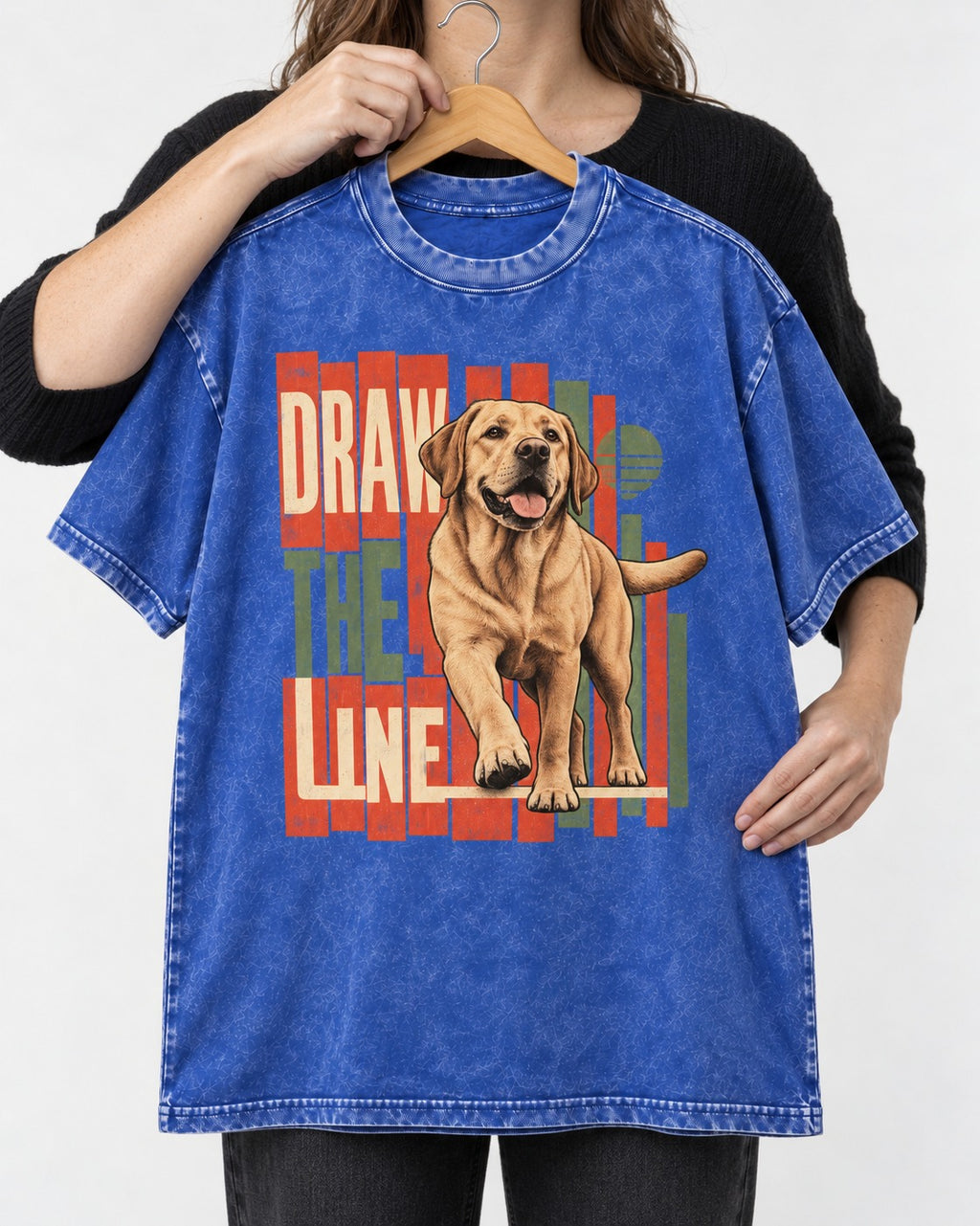 Labrador Retriever Draw the Line Stepping Graphic Washed Tee in Royal Blue, held up on a hanger