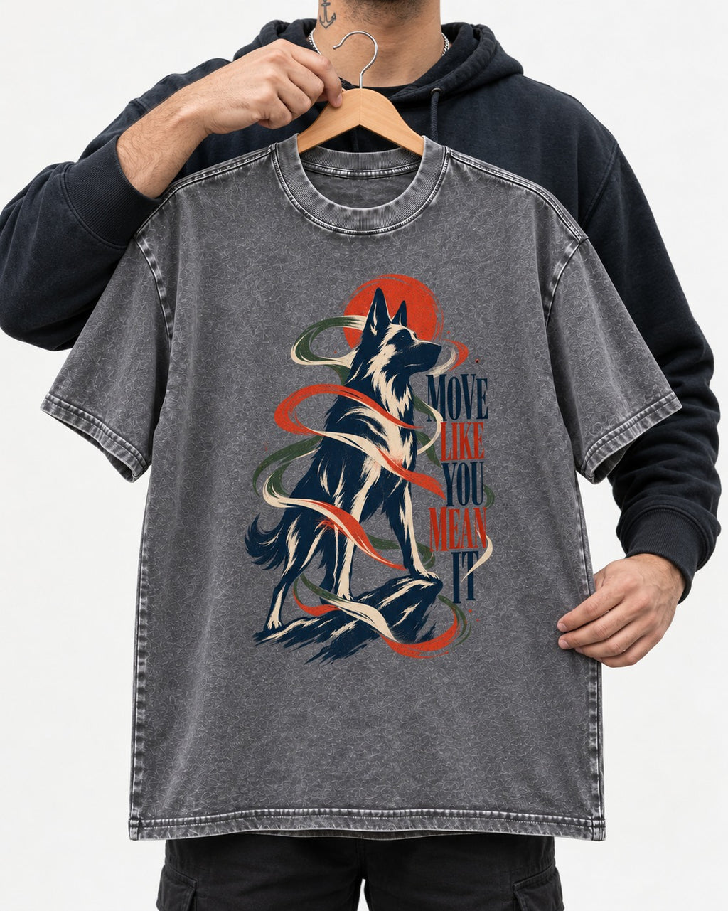 German Shepherd Dog Mean It Washed Tee in Gray, held up on a hanger