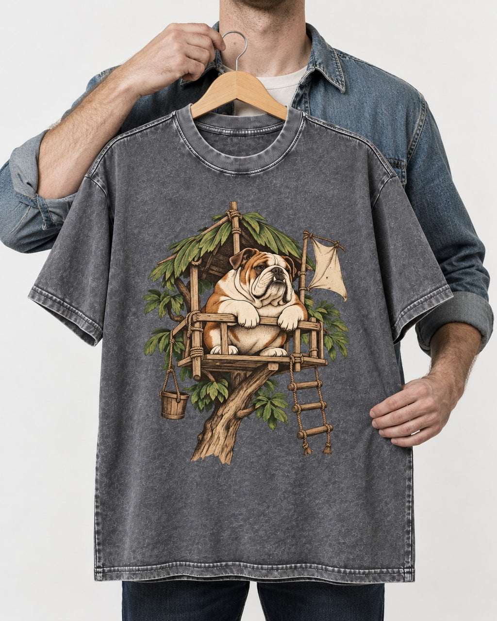 English Bulldog Above It All Washed Tee in Gray, held up on a hanger