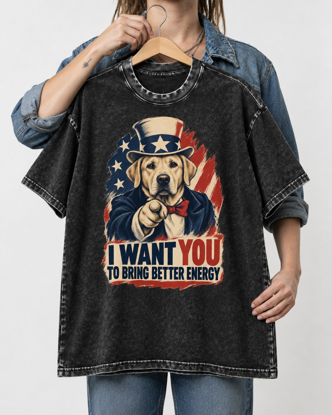 Labrador Retriever I Want You to Bring Better Energy Uncle Sam Graphic Washed Tee in Black, held up on a hanger