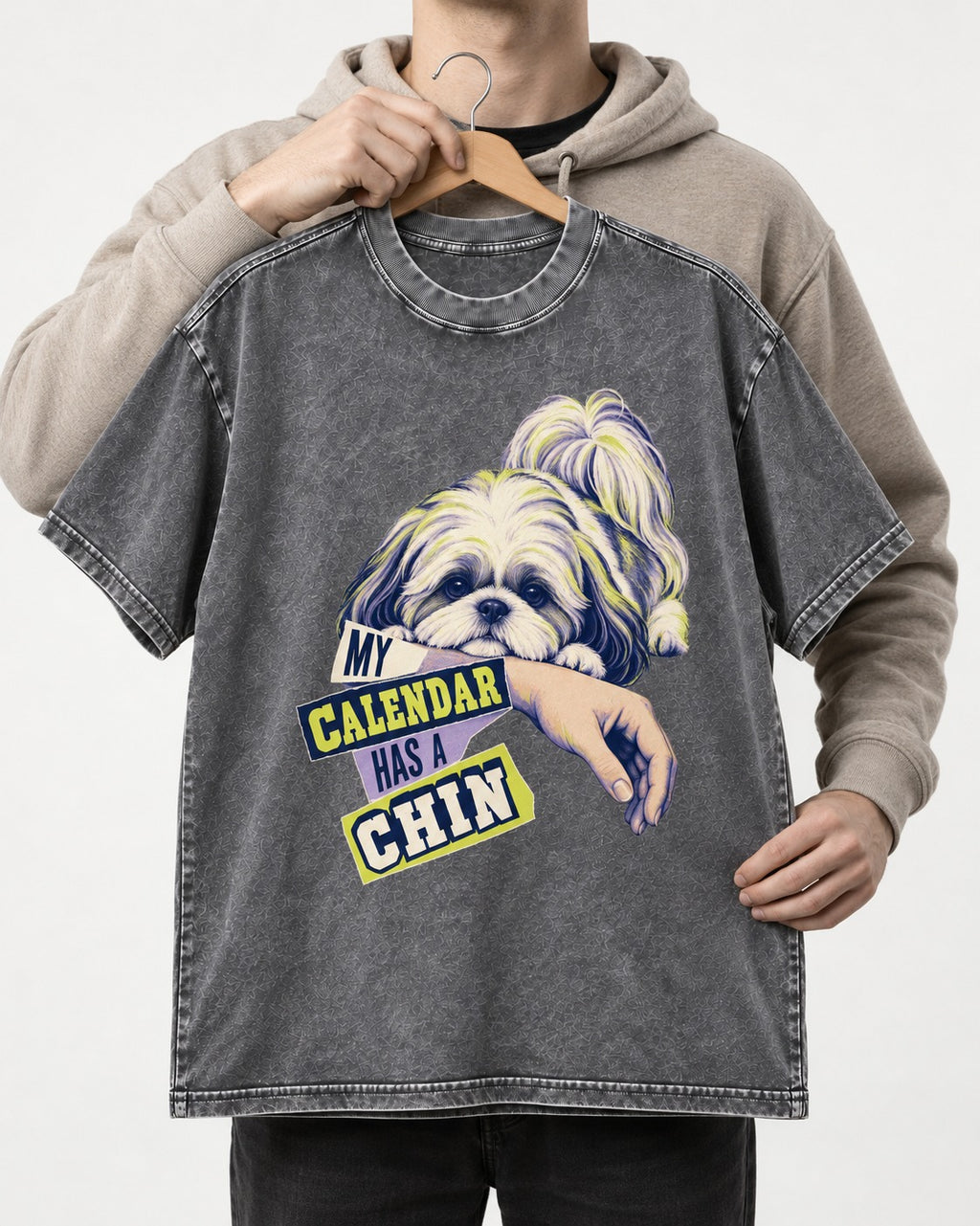 Shih Tzu My Calendar Has a Chin Arm Rest Graphic Washed Tee in Gray, held up on a hanger