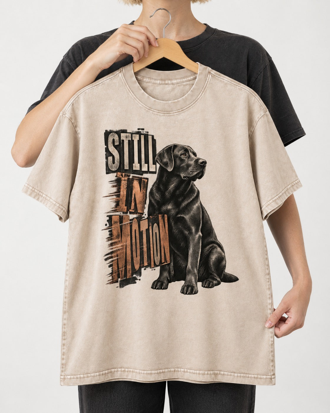 Labrador Retriever Still in Motion Seated Graphic Washed Tee in Apricot, held up on a hanger
