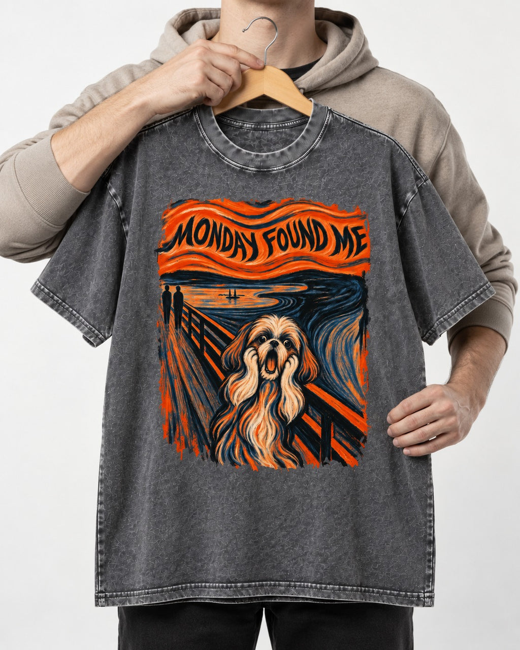 Shih Tzu Monday Found Me Scream Parody Graphic Washed Tee in Gray, held up on a hanger
