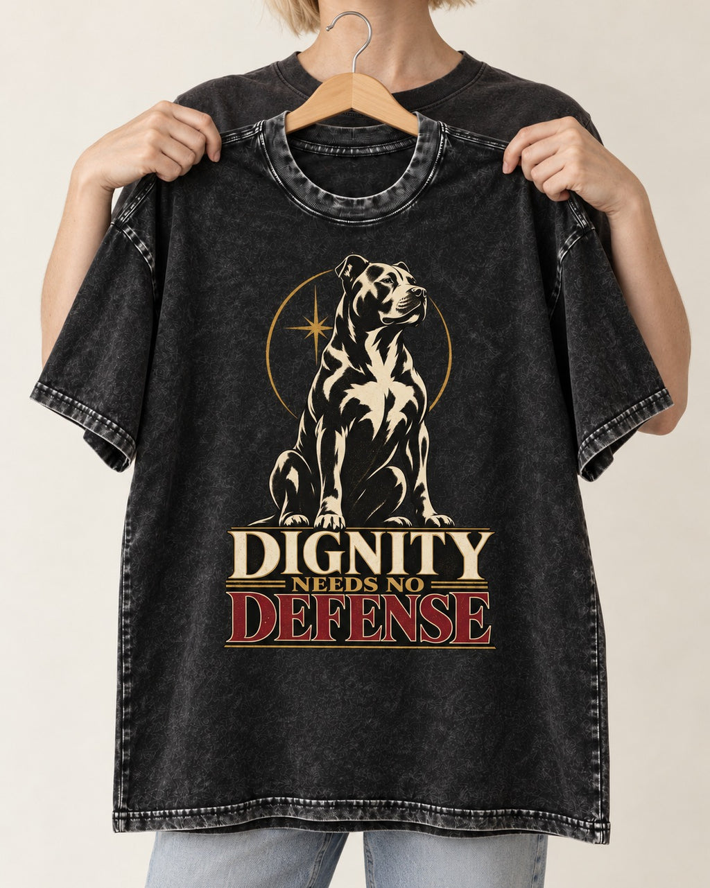 Pitbull Dignity Needs No Defense Seated Emblem Graphic Washed Tee in Black, held up on a hanger