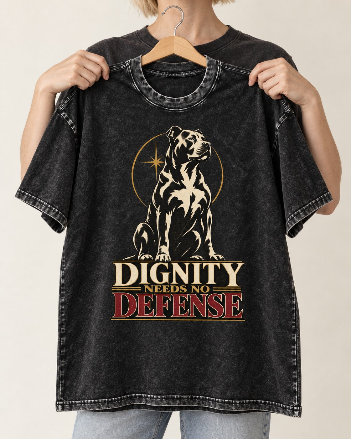 Pitbull Dignity Needs No Defense Seated Emblem Graphic Washed Tee in Black, held up on a hanger