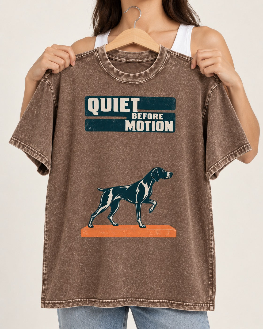 Quiet Before Motion German Shorthaired Pointer Washed Tee in Coffee, held up on a hanger