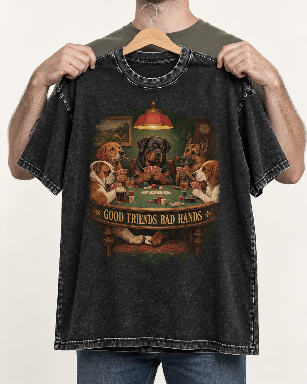 Rottweiler Good Friends Bad Hands Poker Night Graphic Washed Tee in Black, held up on a hanger