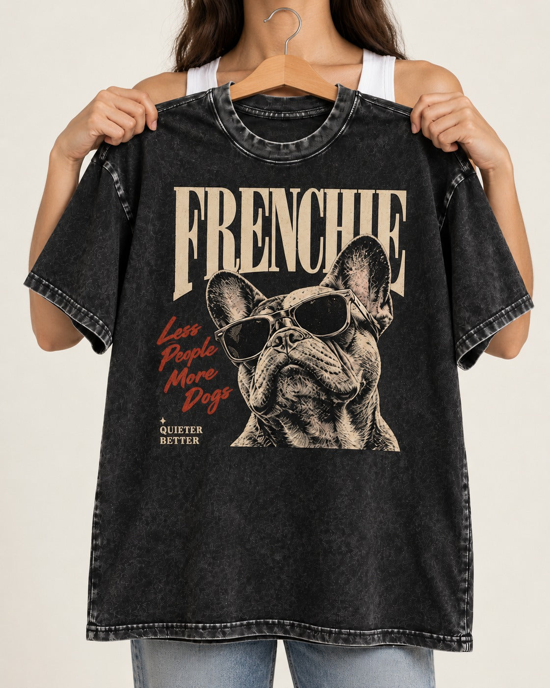 Frenchie Less People More Dogs Sunglasses Graphic Washed Tee in Black, held up on a hanger