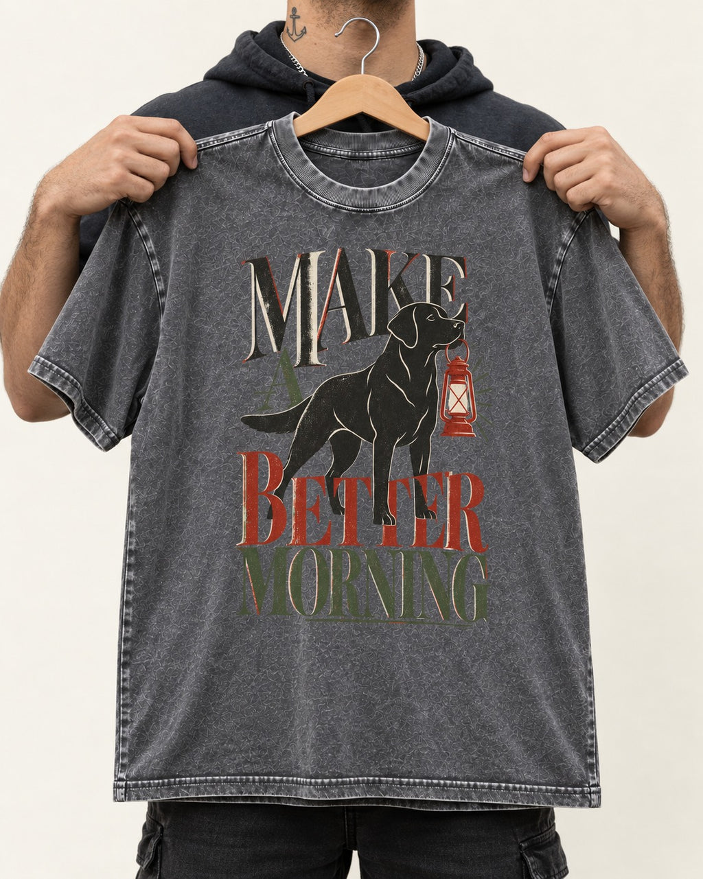 Make a Better Morning Labrador Retriever Washed Tee in Gray, held up on a hanger