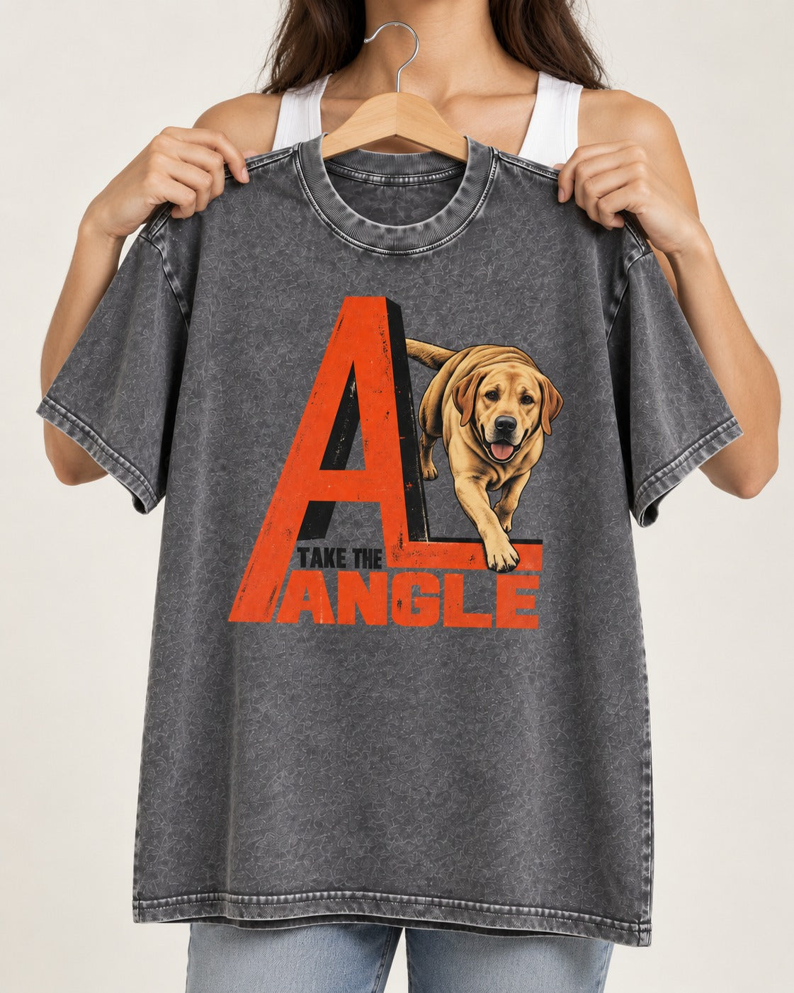 Take the Angle Labrador Retriever Washed Tee in Gray, held up on a hanger