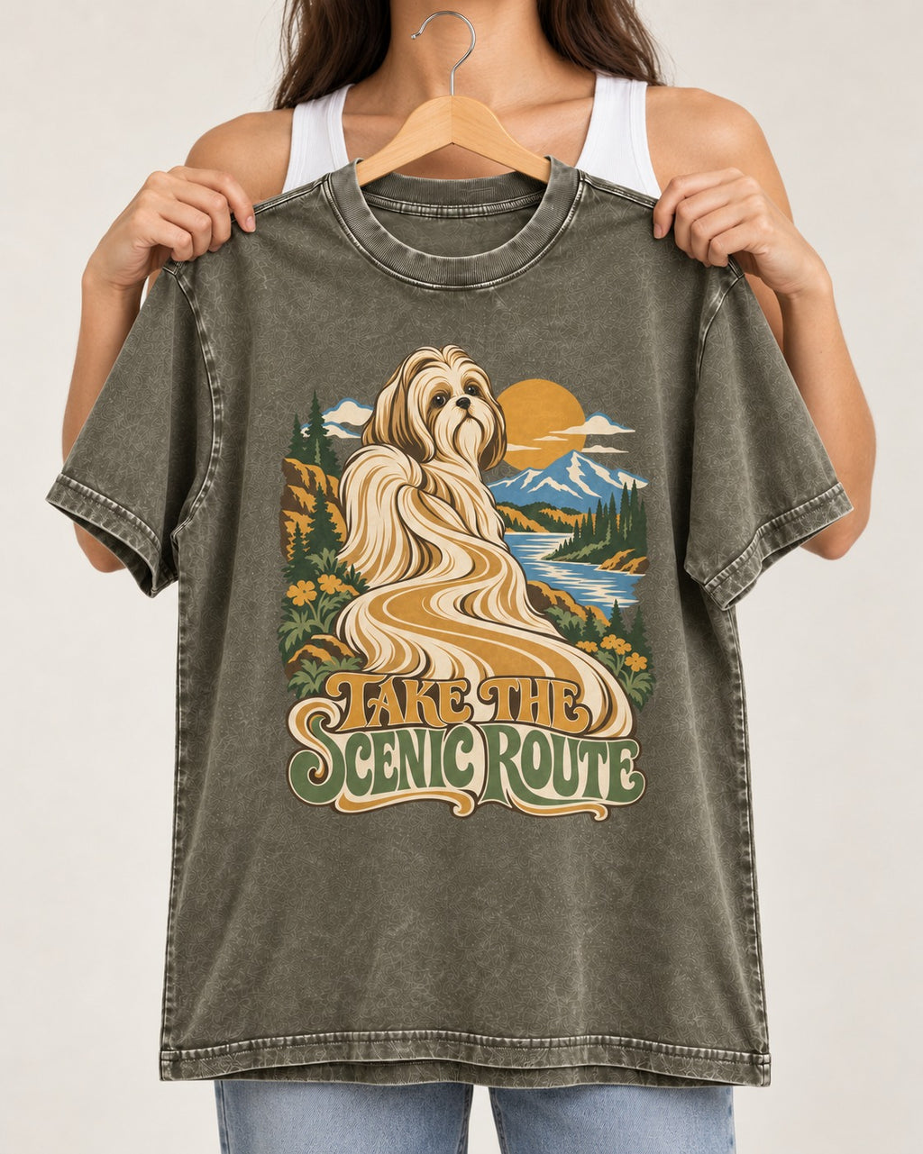 Shih Tzu Take the Scenic Route Mountain Vista Graphic Washed Tee in Army Green, held up on a hanger