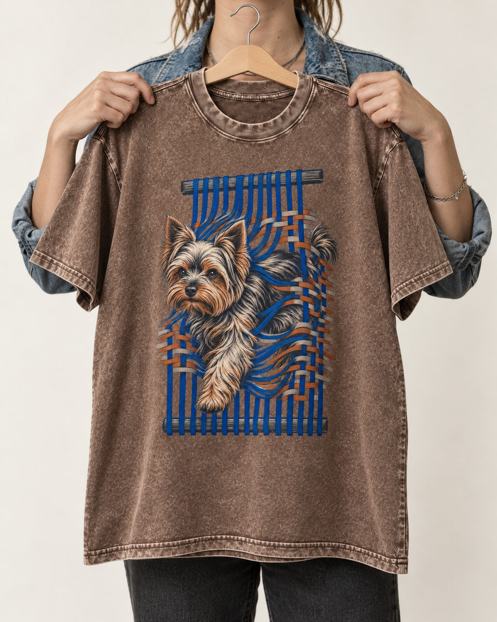 Yorkshire Terrier Unbound Washed Tee in Coffee, held up on a hanger